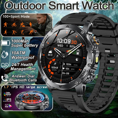 2025 New Military Smart Watch 1000Mah Battery Fitness Tracking 10ATM Waterproof Tactics Sport Flashlight call Bracelet For Men