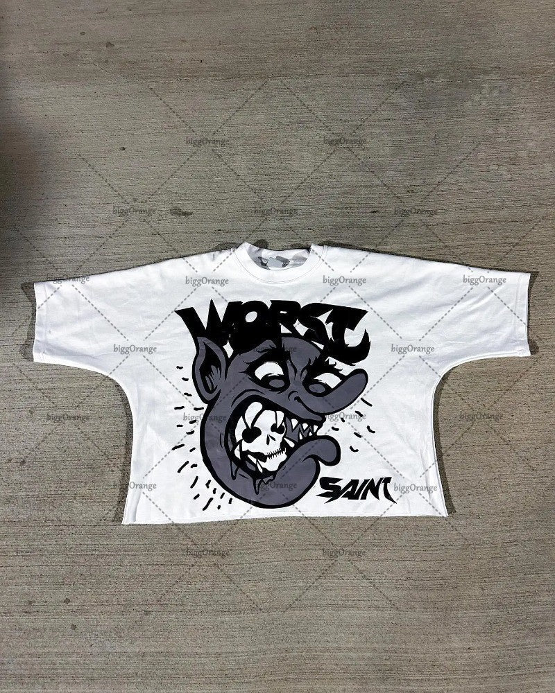 American Hip-hop Anime Print Oversized T-shirt Men Retro Trendy Streetwear Top Pure Cotton Round Neck Casual Loose Short Sleeves
