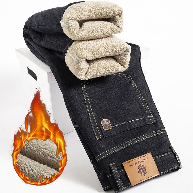 Men Winter Fleece Lined Thickened Warm Jeans Male Fashion Loose Straight Slim Fit Denim Pants Smart Casual Comfortable Trousers