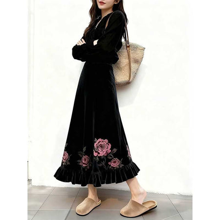 Women Clothes Autumn Winter Fashion Simplicity All-match Printing Solid Color Female Temperament Pleuche High Waist A-line Skirt