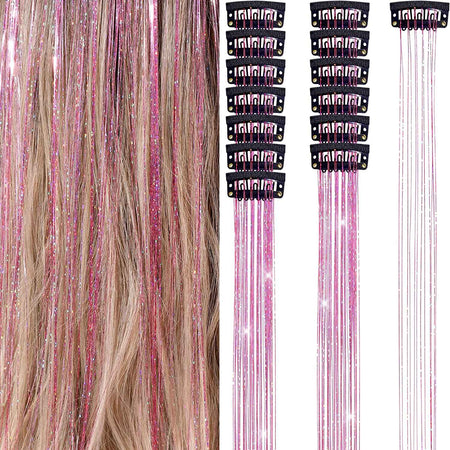 6Pcs 50cm Sparking Shiny Hair Tinsel Hair Extensions Tinsel Synthetic Hair Clip  Extensions Women for Braiding Headdress