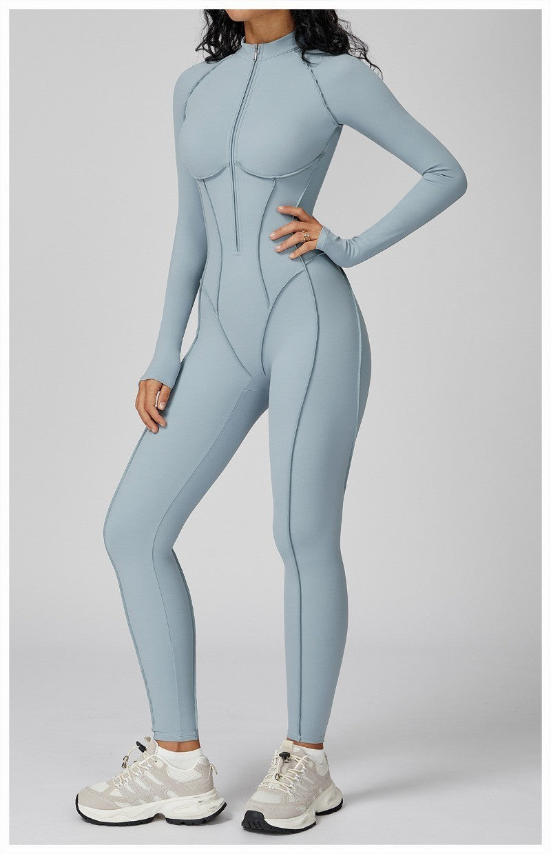 Women's Yoga Jumpsuit Long Sleeved Stand Collar Half Zip High-Intensity Workout One Piece Contrast Color Gym Fitness BodySuit