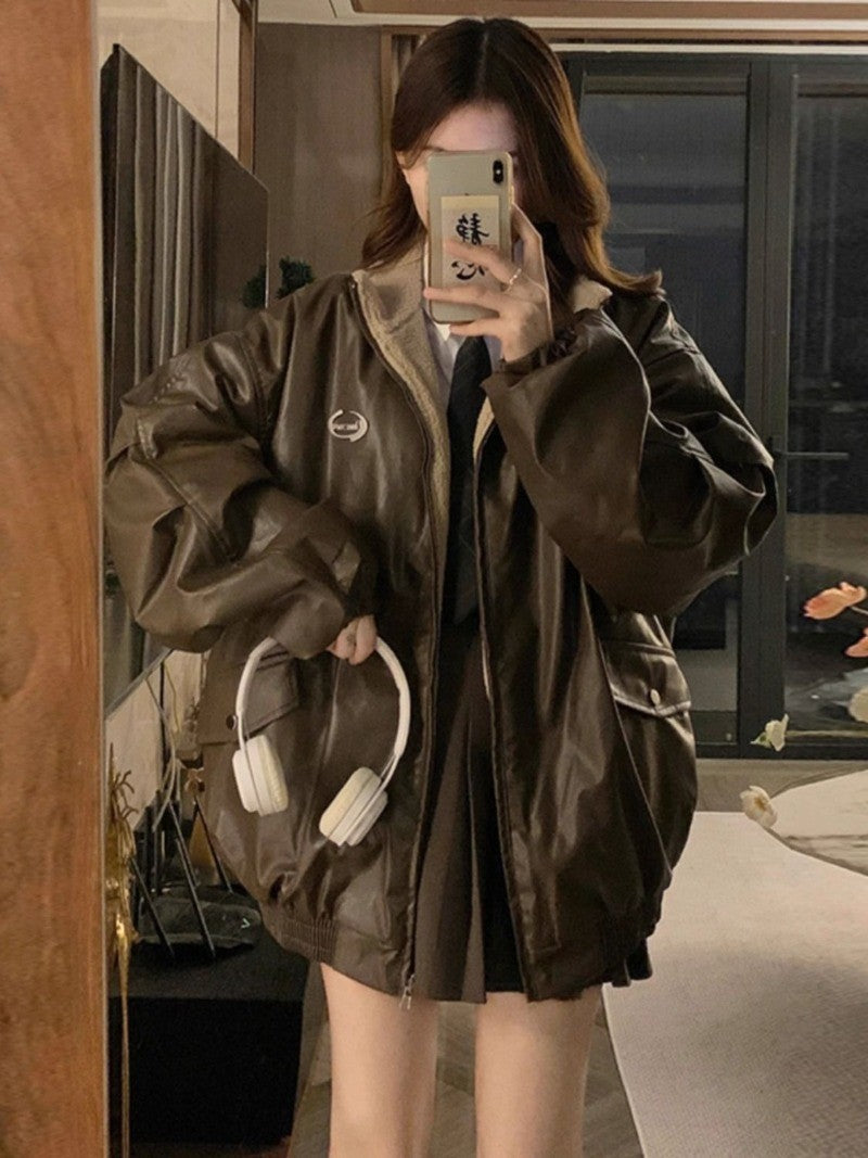 Maillard Fashion PU Leather Jacket With Lambswool Coat Both Sides Female Y2K Winter New Velvet Locomotive Cotton-padded Jacket