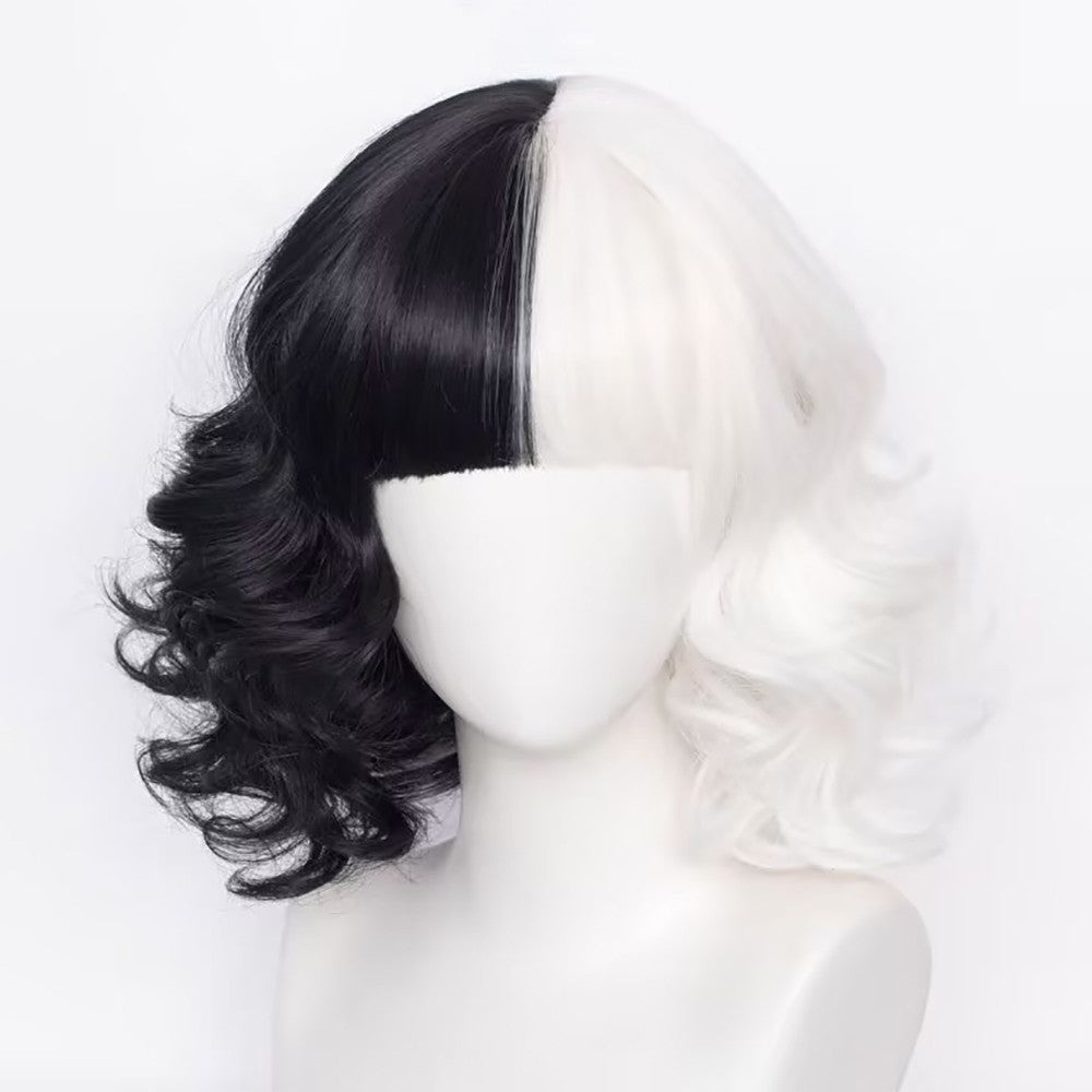 Half-Black And Half-White Cruella Cosplay Synthetic Hair 12-Inch Short Curly Hair Halloween Daily Party With Bangs Wig