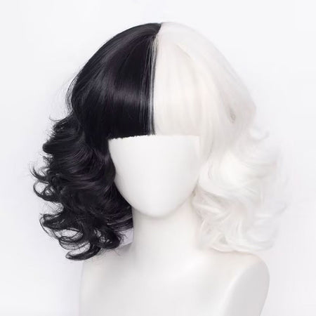 Half-Black And Half-White Cruella Cosplay Synthetic Hair 12-Inch Short Curly Hair Halloween Daily Party With Bangs Wig