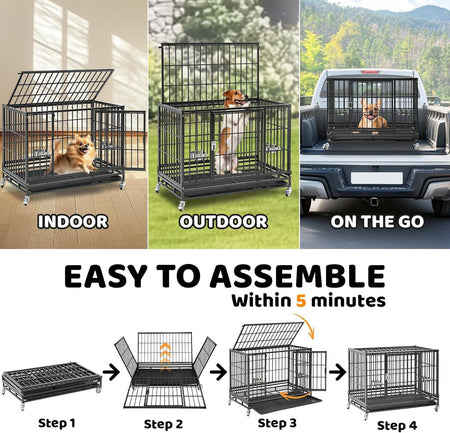 37' Stackable Heavy Duty Dog Crate, Escape Proof Kennel with Lockable Wheels, Removable Tray & Metal Grid for Medium/Small Dogs