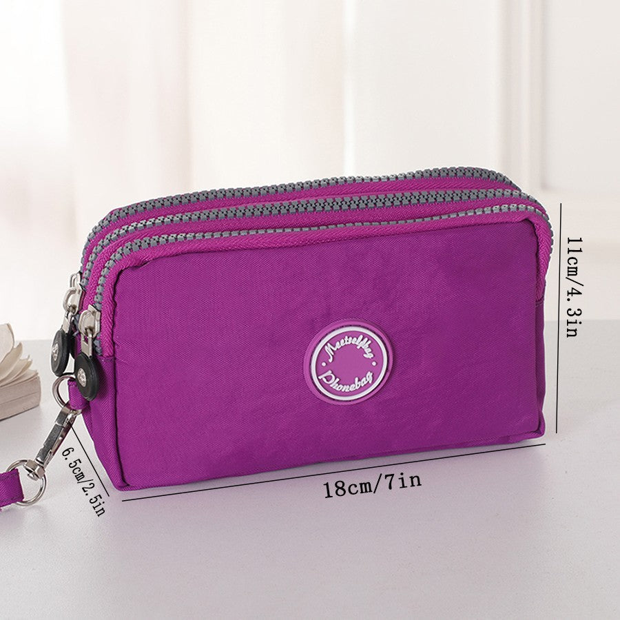 Daily multi-functional ladies handbag three-layer zipper large capacity mobile phone bag pure color coin purse key storage bag