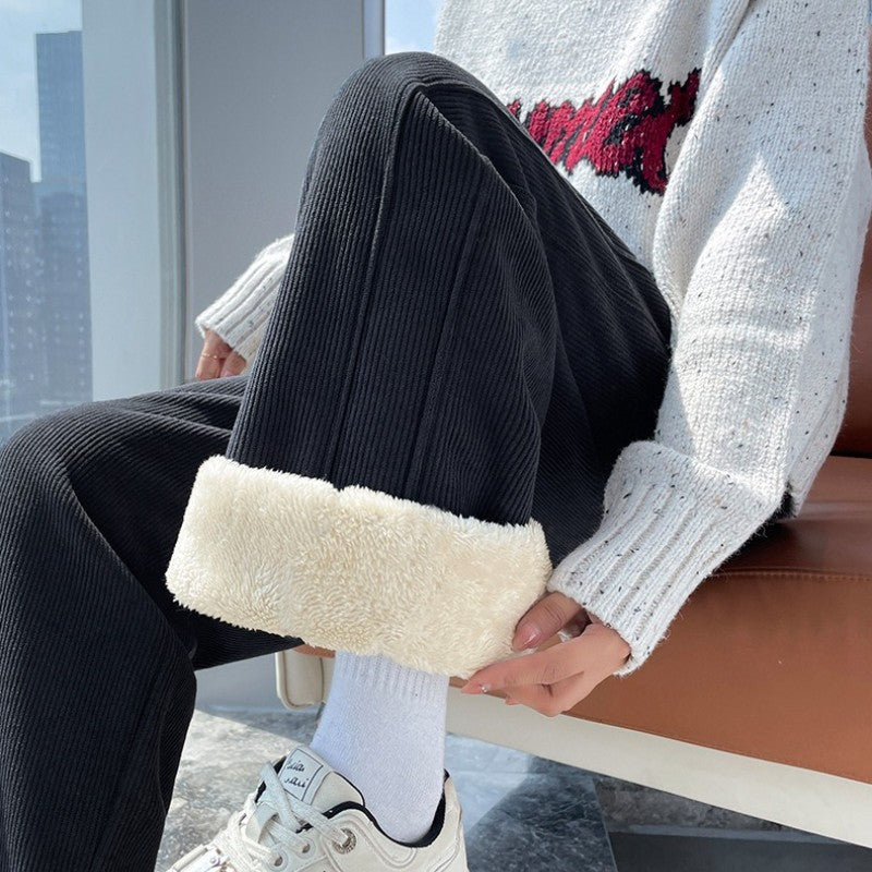 High Waist Warm Trousers Fashion Winter Fleece Thickened Women's Pants Solid Color Loose Elastic Waist Straight Casual Pants