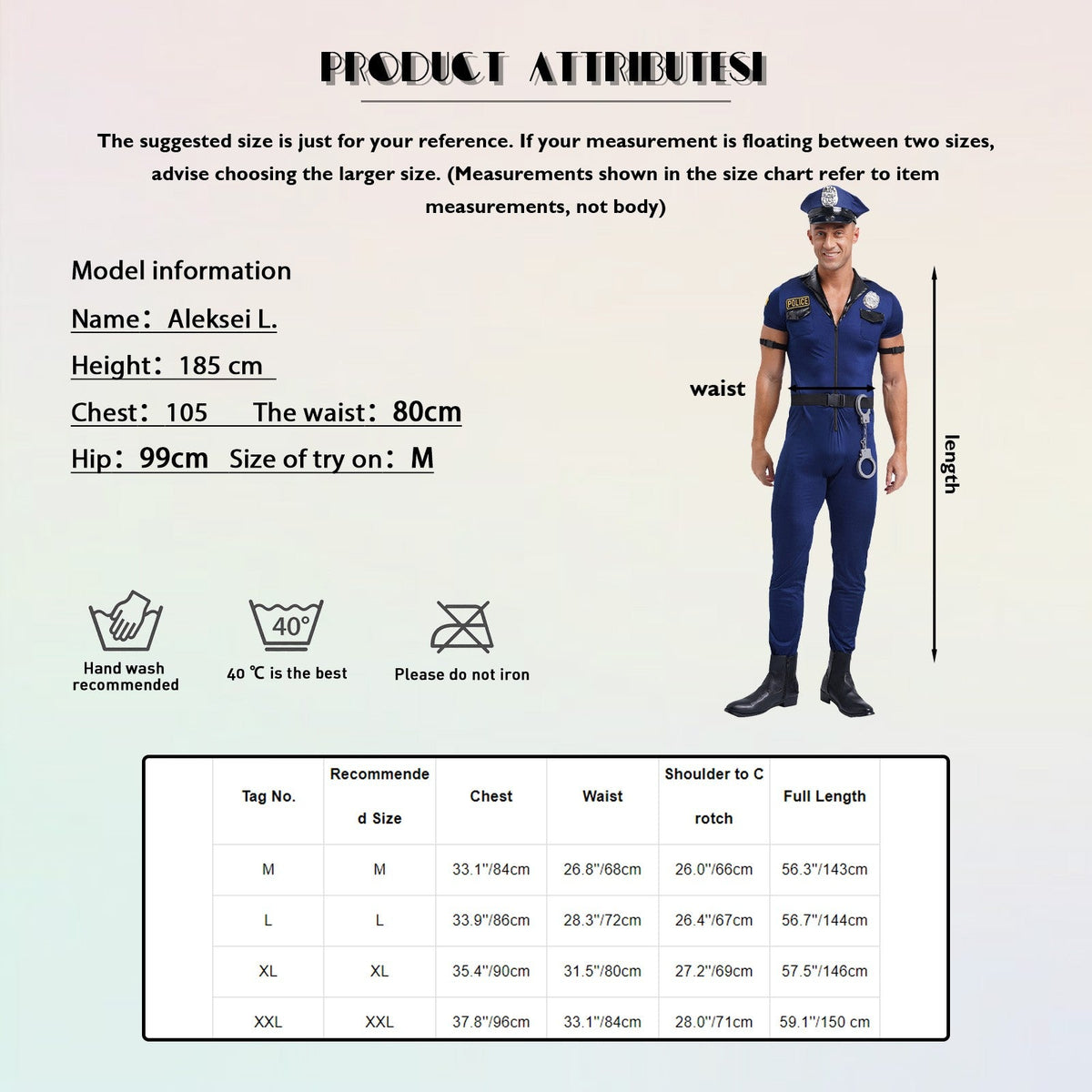 Mens Police Uniform Cosplay Outfits 7-Piece Dirty Cop Officer Costumes Front Zipper Role Play Jumpsuit Hat Belt Manacles Badge