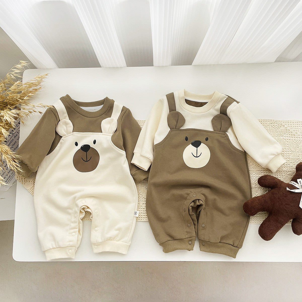 Autumn Baby Bodysuit Little Bear Pattern Dual Color Long Sleeve Warm Jumpsuit Baby Clothes Baby Boys Girls Romper 0-2 Years Old