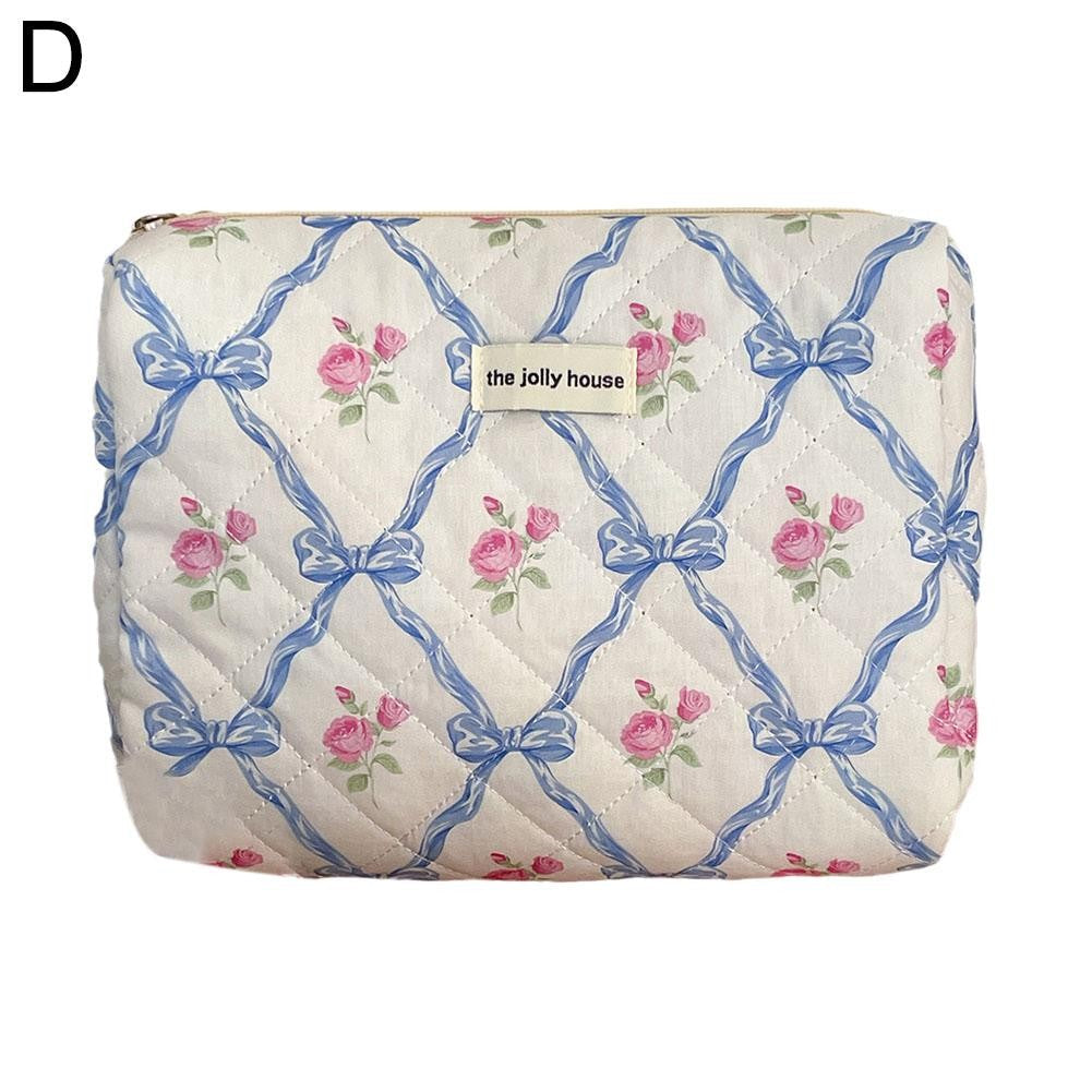 Cute Bow Flower Cloth Handbag Quilting Cotton Makeup Bag Women Zipper Cosmetic Organizer Portable Toiletry Case for Girls
