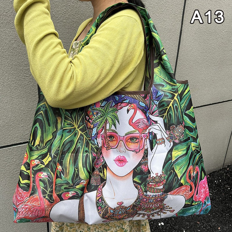 New Fashion Bag Foldable Shopping Bag Reusable Grocery Storage Bag Nylon Portable Shoulder Handbag Travel Tote Bag