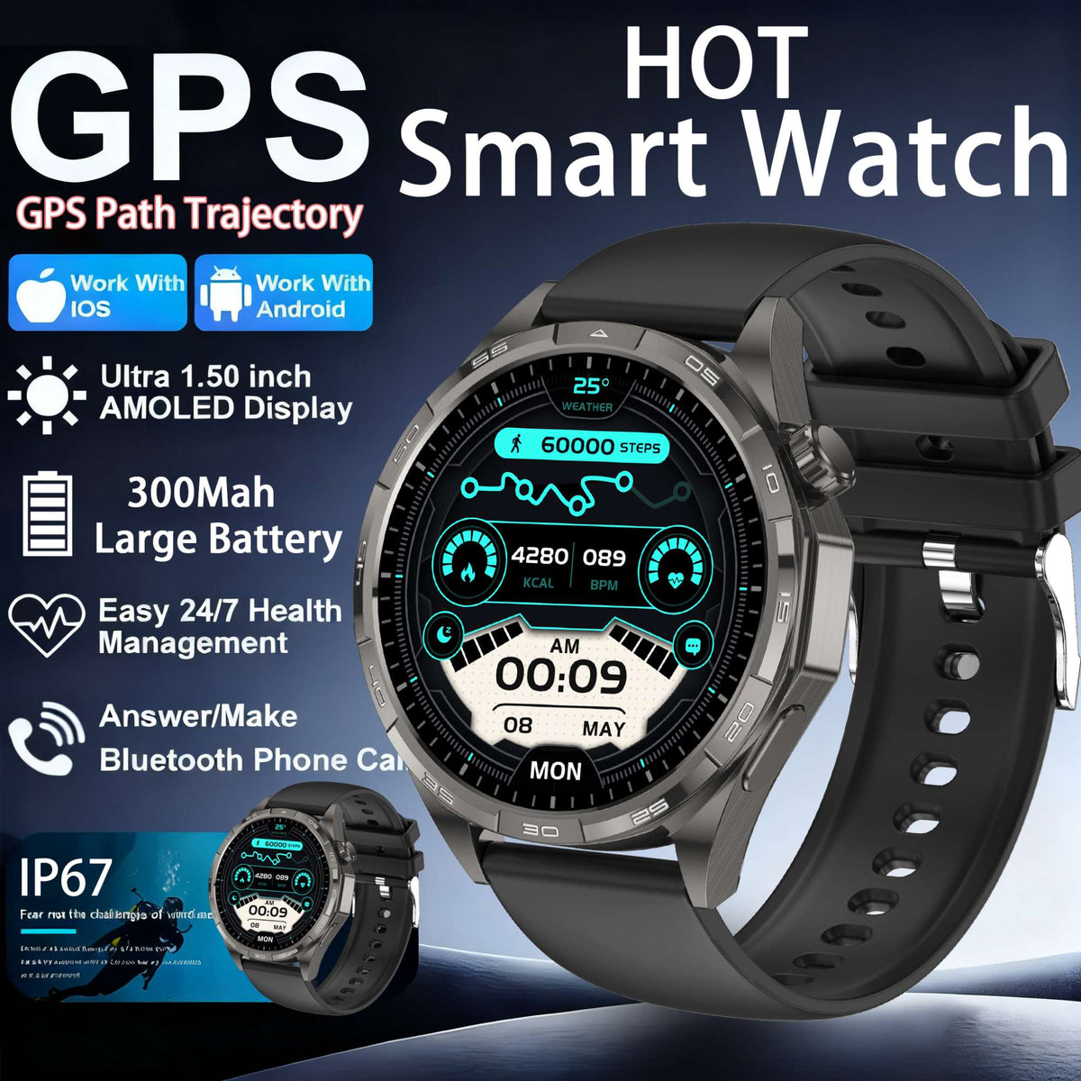 2026New Original fitness Watch G T6 Pro Smart Watch 1.50"HD AMOLED Screen GPS track Heart Rate Bluetooth Call Smartwatch for Men