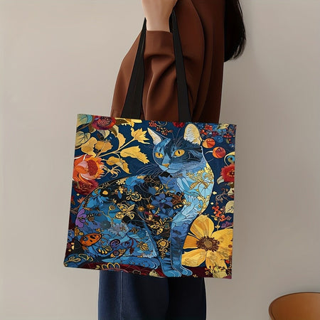 1pc Abstract Cat Tote Bag Cute Quirky Small Animal Shoulder Bag Printed Linen Eco Handbag Shopping Office Reusable Casual Bags