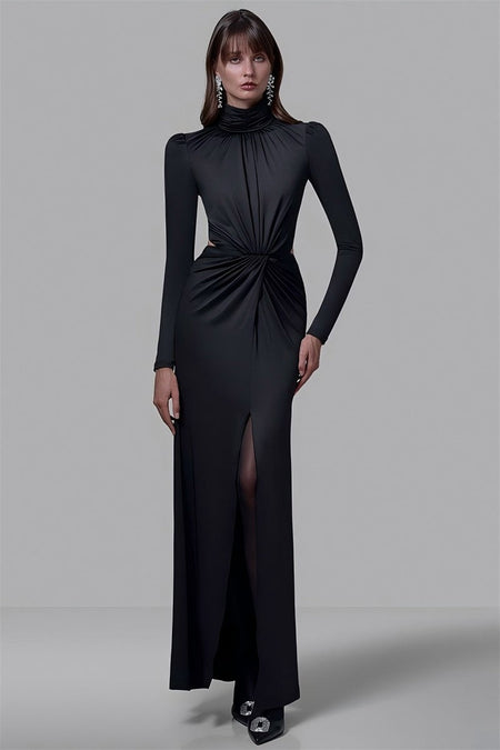 Mozision Turtleneck Backless Sexy Maxi Dress Women Gown Autumn Winter Elegant Long Sleeve Thigh High Split Club Party Long Dress
