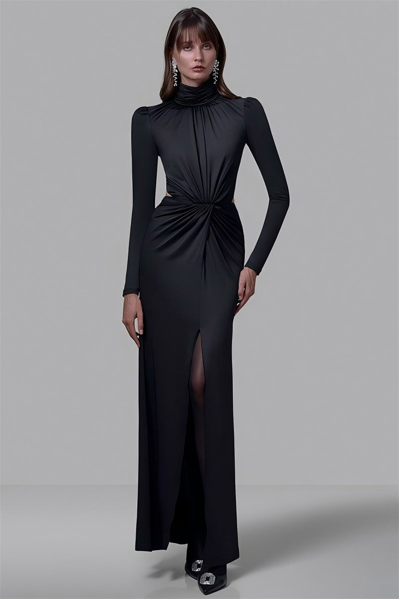 Mozision Turtleneck Backless Sexy Maxi Dress Women Gown Autumn Winter Elegant Long Sleeve Thigh High Split Club Party Long Dress