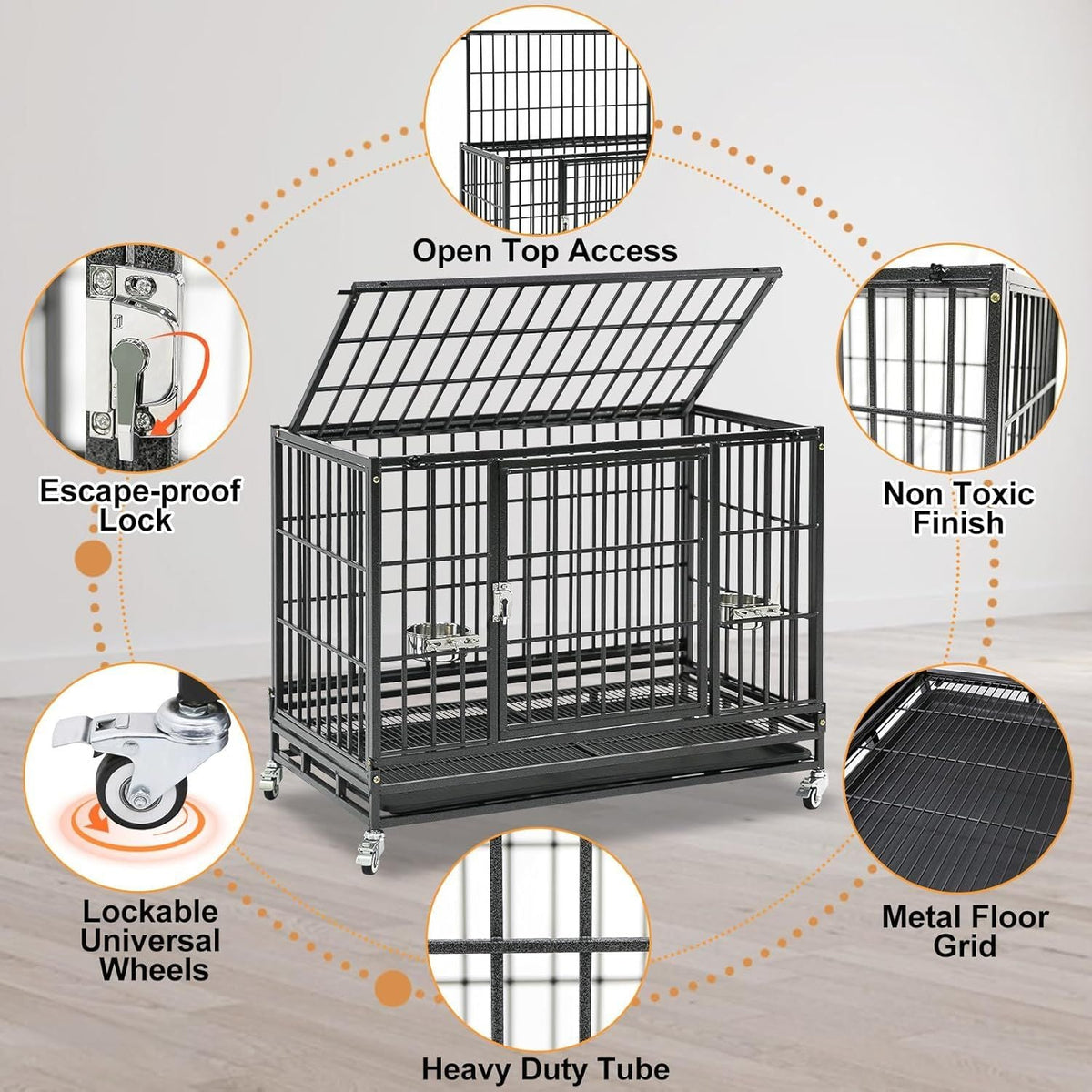 37' Stackable Heavy Duty Dog Crate, Escape Proof Kennel with Lockable Wheels, Removable Tray & Metal Grid for Medium/Small Dogs