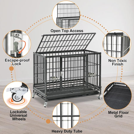 37' Stackable Heavy Duty Dog Crate, Escape Proof Kennel with Lockable Wheels, Removable Tray & Metal Grid for Medium/Small Dogs