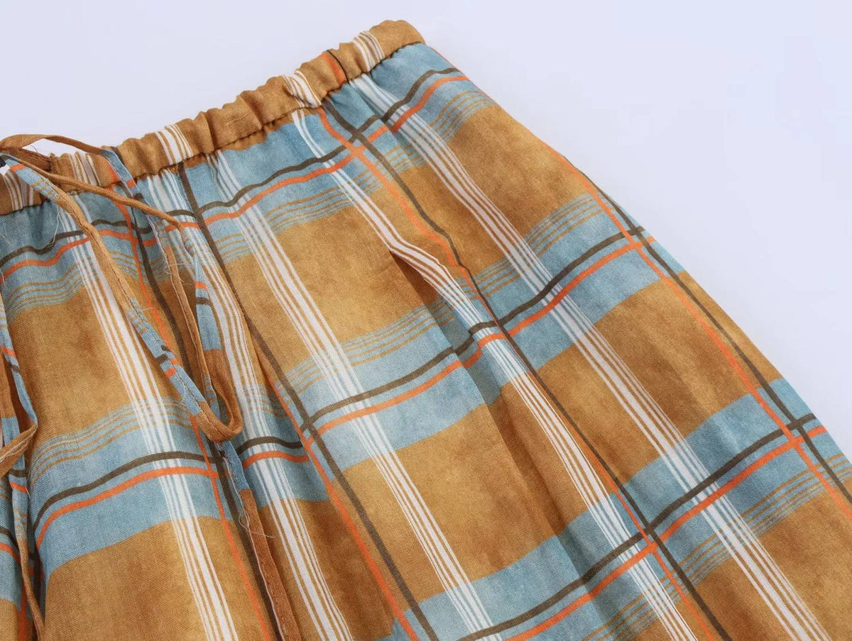 Women's 2025 Autumn Fashion Versatile Ramie Bloomers Plaid Printed Loose Pants Female High-Waist Drawstring Casual Trousers