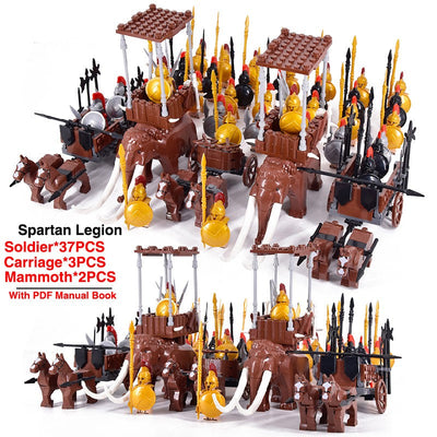 MOC Roman Empire Spartan Army Medieval Soldier Chariot Building Block Bricks Ancient Military War Helmet Toys For Children