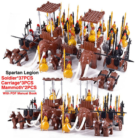 MOC Roman Empire Spartan Army Medieval Soldier Chariot Building Block Bricks Ancient Military War Helmet Toys For Children
