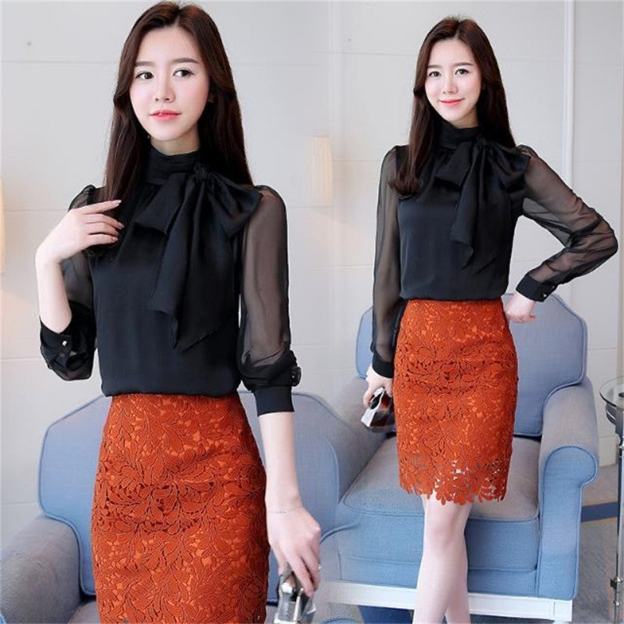 New Summer Fashion Tunic Women Blouse Shirts Long Sleeve Tie Bow Chiffon Turtleneck Formal Women White Black Shirts DF4905