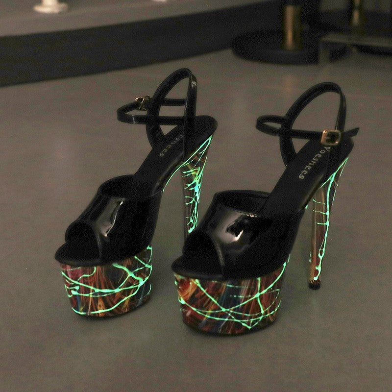 17CM Summer Shoes Women luxury Sandals Platform Ladies Shoes Stripper Womens High Heels Geometric Fluorescent Night light Heels