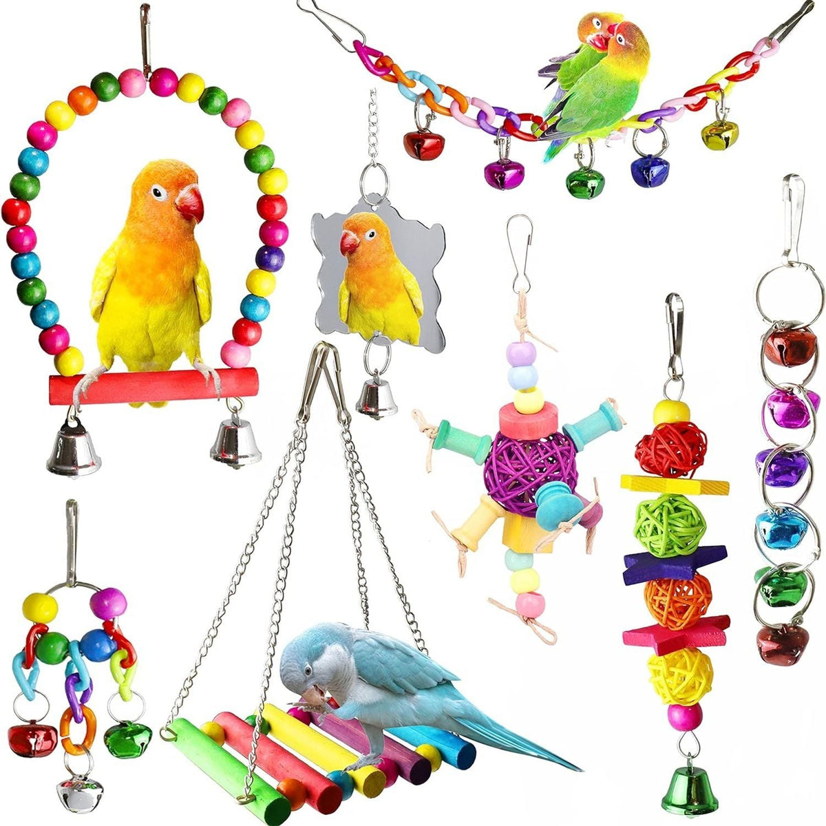 Bird and Parrot Toys Swing BirdCage Decoration Mirror Staircase Wind ChimesBird Accessories Toys for Birds juguetes para pájaros