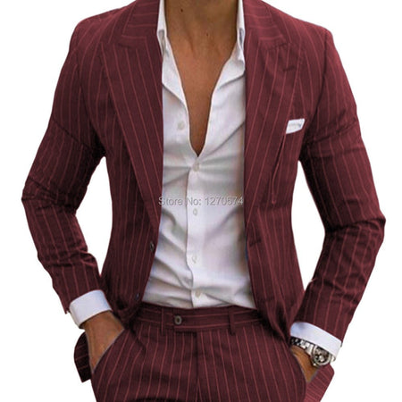 Slim Fit Pinstripe Smoking Suit for Men Peaked Lapel Tuxedo 2-Piece Blazer And Pants Wedding Groomsmen Formal Wear