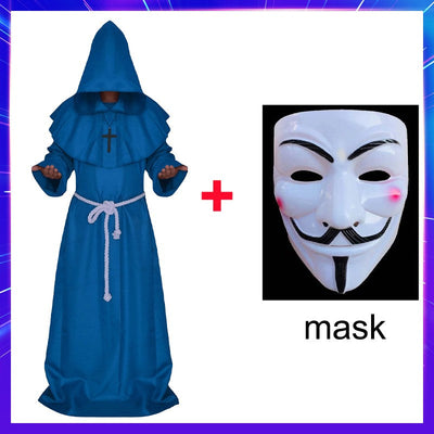 Halloween Wizard Cosplay Medieval Monk Hooded Robe Costume Mask Hat For Men Steampunk Priest Horror Masquerade Unisex Cloak Cape