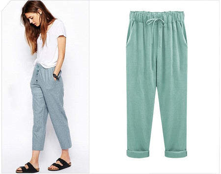 Cotton Linen Pants, Elastic Mid Waist Ankle Length Pant, Casual Women Loose Spring Pants, Female Slacks Size M-5XL 6XL 7XL 8XL