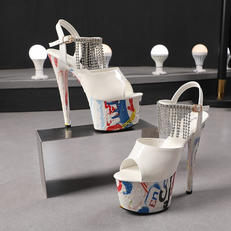 17CM Summer Shoes Women luxury Sandals Platform Ladies Shoes Stripper Womens High Heels Geometric Fluorescent Night light Heels
