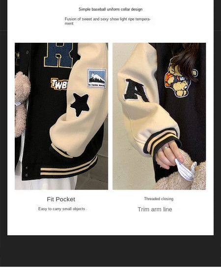 New Autumn and Winter Padded Baseball Jersey Women American Retro Loose Sweater Women Jacket