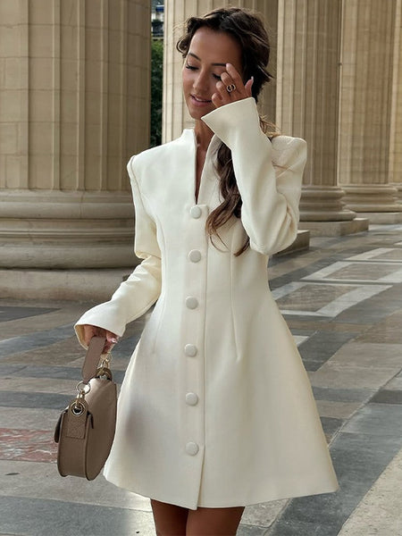 Fashion Solid Cinched-waist Mini Dress Women Elegant Lapel Full Sleeve V-neck A-line High Waist Dresses Lady Office Commute Gown
