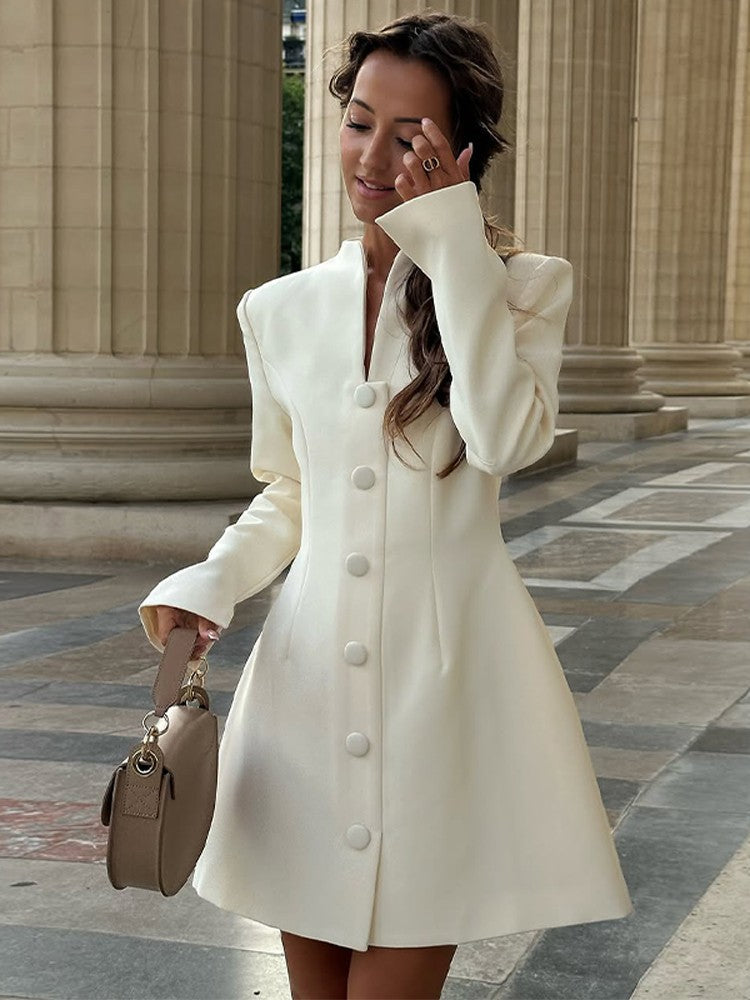 Fashion Solid Cinched-waist Mini Dress Women Elegant Lapel Full Sleeve V-neck A-line High Waist Dresses Lady Office Commute Gown