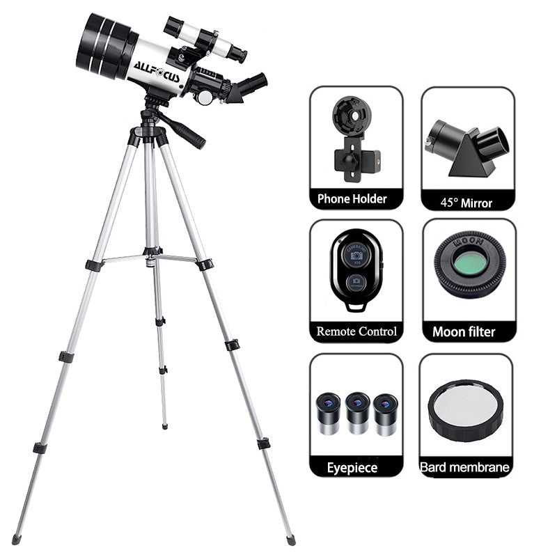 ALLFOCUS 150X Astronomical Telescope , 70mm Aperture Refractor Portable Travel Telescope with Phone Adapter &Wireless Remote