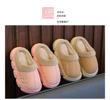 New Children's PU Leather Plush Slippers Soft Sole Non-slip Winter Warm Baby Boys Girls Indoor Home Cotton Shoes