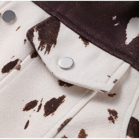 Fashion Women's Cow Print Jacket Lapel Collar Short Length Zipper Button Coats 2025 Autumn Winter Female Trendy Warm Outerwear
