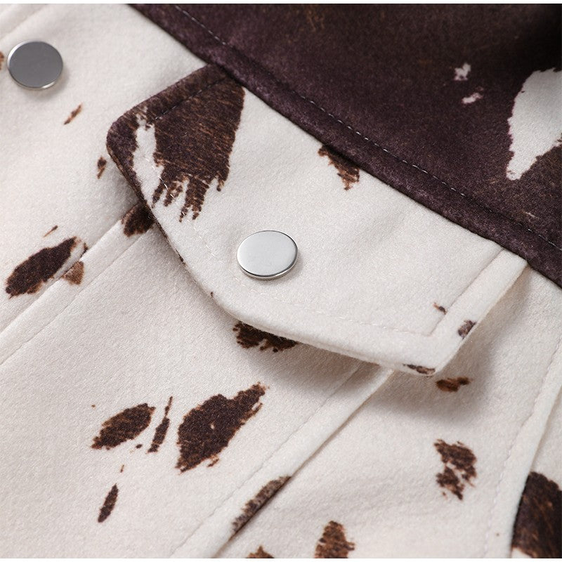 Fashion Women's Cow Print Jacket Lapel Collar Short Length Zipper Button Coats 2025 Autumn Winter Female Trendy Warm Outerwear