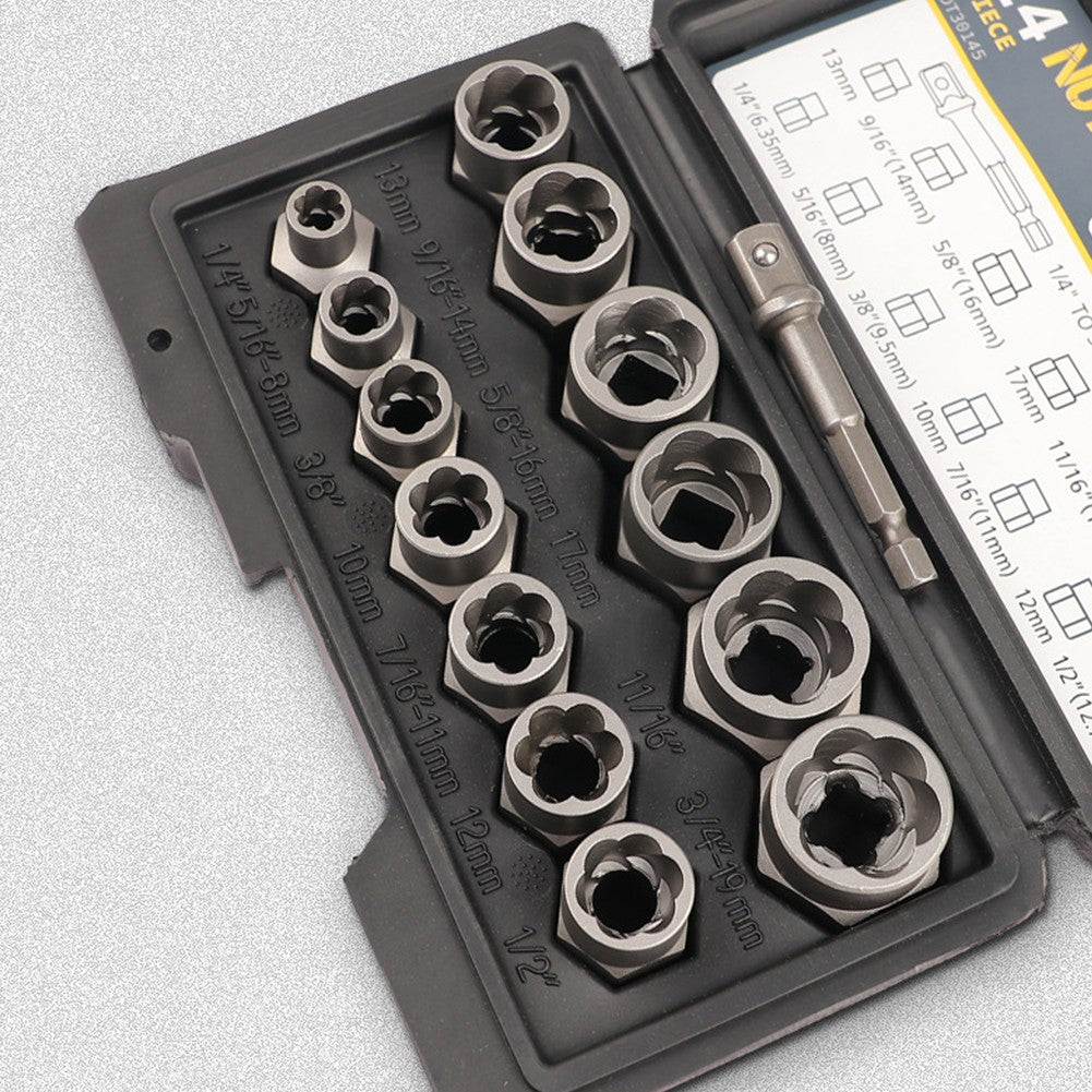 14 Pieces Impact Bolt & Nut Remover Set Cr-Mo Steel Bolt Extractor Tool Set with Solid Storage Case for Industrial Drop Shipping