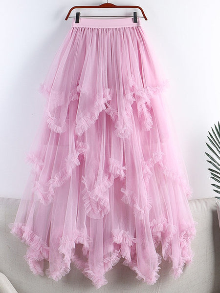 TIGENA Tutu Tulle Long Skirt for Women 2023 New Summer Korean Aesthetic Cute Irregular Mesh High Waist Maxi Skirt Female Purple