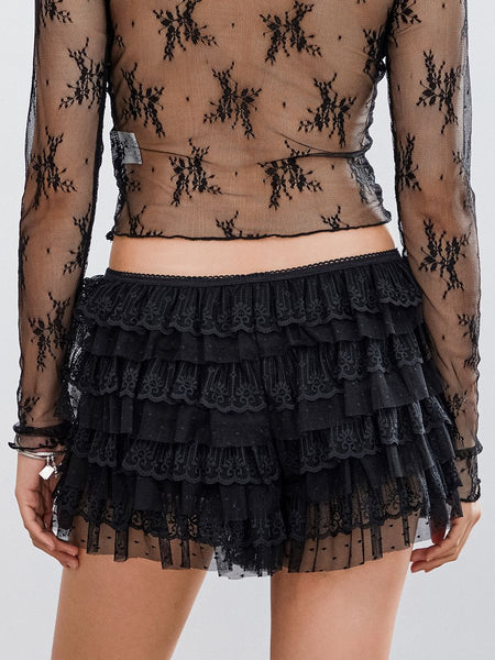 Women Mesh Lace Bloomer Shorts Y2k Layered Ruffle Frilly Booty Shorts Fairy Bowknot Sexy Boy Shorts Panties Party Clubwear