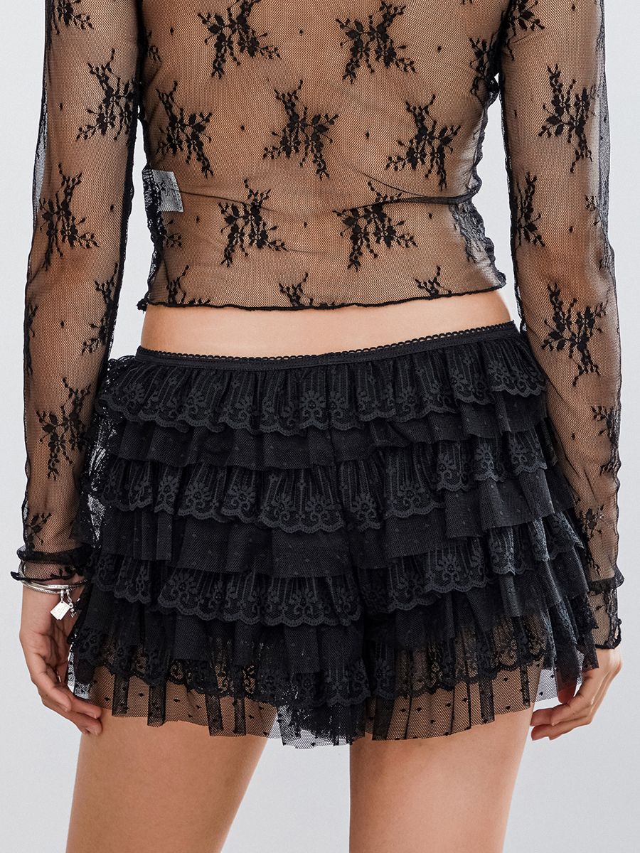Women Mesh Lace Bloomer Shorts Y2k Layered Ruffle Frilly Booty Shorts Fairy Bowknot Sexy Boy Shorts Panties Party Clubwear