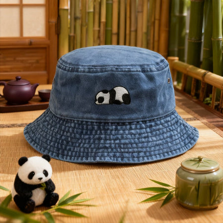 Panda Embroidery Washed Cotton Bucket Hat for Men Women Vintage Wide Brim Sun Protection Adjustable Outdoor Fishing Beach Cap