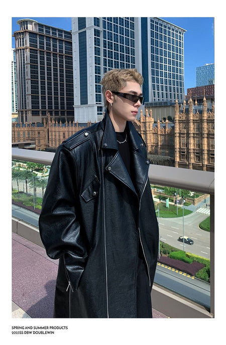 Mauroicardi Spring Autumn Oversized Cool Extra Long Black Pu Leather Trench Coat Men Zipper Loose Luxury European Fashion 2023