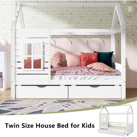 Aoowow Twin Size Kids House Bed with 2 Drawers, Wooden Twin Bed Frame with Window and Roof for Bedroom, Modern Twin Size Kid Pla