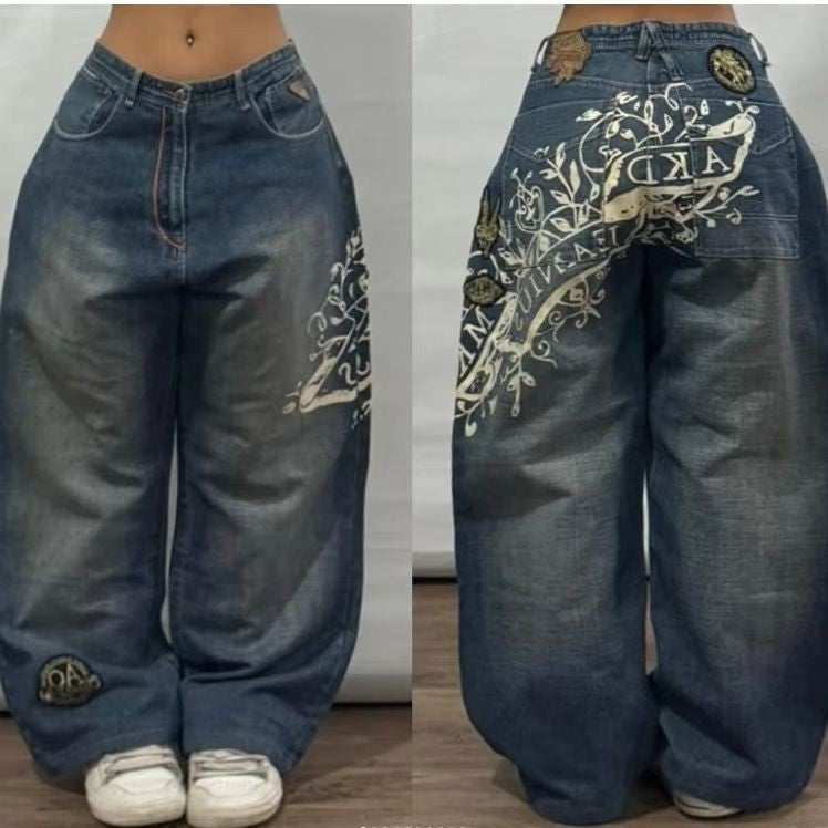 Y2K Hip-hop Stitching Fashion Joker Retro Jeans Female Korean Casual Simple Dress Essential Wide-leg Pants Loose  Joker Overalls