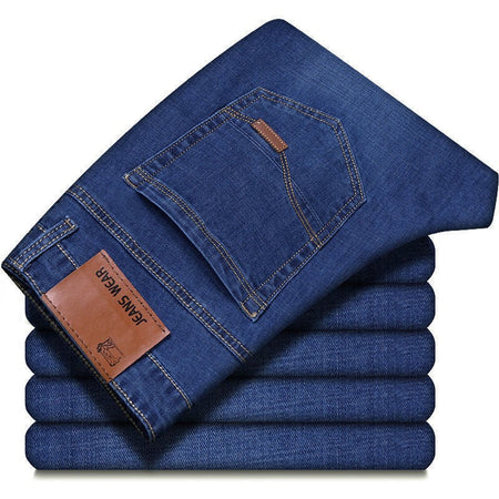 2025 Autumn Classic Men's Fitted Stretch Jeans Business Casual Cotton Denim Straight Leg Pants Male Black Blue Trousers