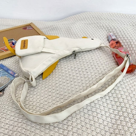 Beige and white new cute duck shape canvas bag student chest bag shoulder bag trend funny cartoon crossbody bag 1 outfit