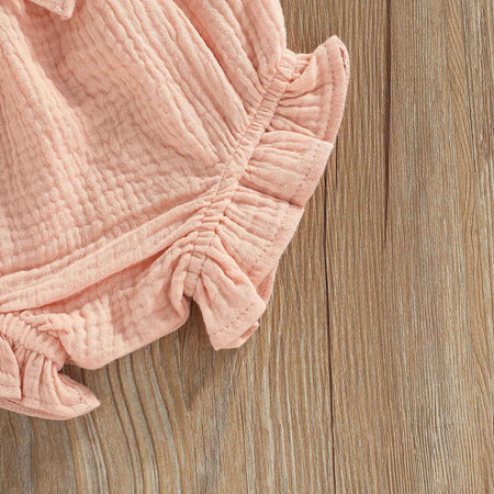 Summer 2023 Baby Girls Suit Set Solid Cotton Linen Casual Square Neck Fly Sleeve Tops+Ruffle Shorts Clothes for Toddler Infant